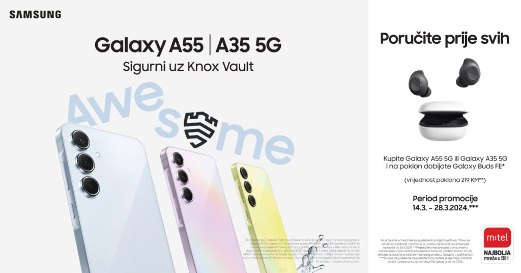 Naruči prvi Samsung Galaxy A35 5G ili Samsung Galaxy A55 5G i na poklon dobijate Galaxy Buds FE bežične slušalice.